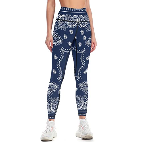 Skt T1 Women's Blue Bandana Leggings Vintage Bandana Paisley Floral Print Yoga Pants For Women Girls, High Waisted Tummy Control Yoga Leggings Novelty Workout Running Jogging Athletic Pants S #TOP20
