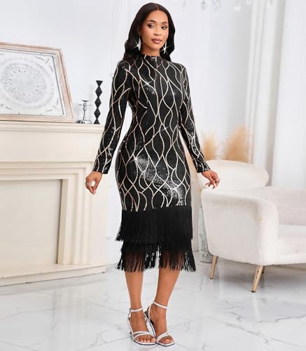 Image of Cololura Sexy Elegant Women Sequin Long Sleeve Tassel Bodycon Midi Dress Party Evening Gown Formal Dress