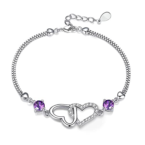 ASH'S CHOICE Armband Damen, Sterling Silber Armband Herz Doppel Liebe Zirkonia Lila Verstellbares Armband Muttertag Geburtstags Weihnachten Bijoux für Damen Frauen Freundin Mama