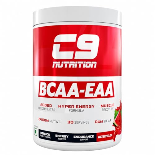 Image of C9 NUTRITION BCAA + EAA Powder | Sugar Free Workout Muscle Recovery & Endurance Drink with 5000mg BCAA, 9000mg EAA, 500 mg L-Arginine | Amino Acid Supplements (30 Servings, Watermelon Flavour)