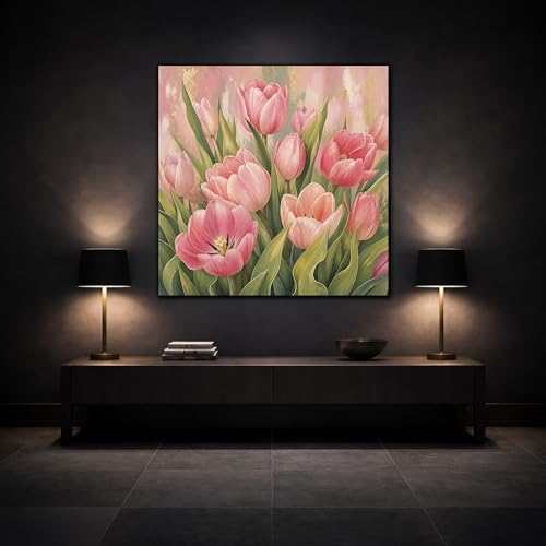 Toile tulipes roses et or au-dessus du canapé pour décoration salon chic