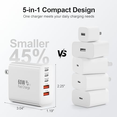 Image of USB C Charger Block, 60W 5-Port Type C Charger Fast Charging Blocks | USBC Multiple Port Wall Charger Plug for iPhone 17 /16 /15 /14 /13 /12 /11 Pro Max, Samsung Galaxy, Android Phone, iPad (White)
