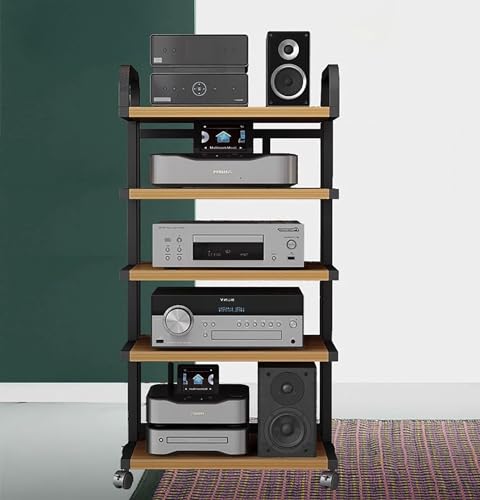 Soporte de audio HiFi, estante multimedia de 5 niveles, carrito móvil resistente con ruedas para equipos electrónicos