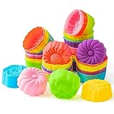 R HORSE 42Pcs Silicone Molds Muffins Baking Mould Mini Cupcake Liners Baking Cups Non-Stick Reusable Multi Flower-Shaped Cupcake Liners for Christmas Party Desserts Donuts Puddings Supplies