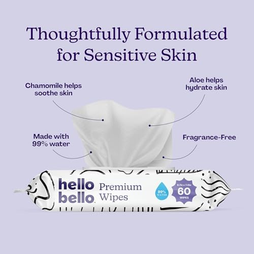 Hello Bello Premium Wipes, Designed for Sensitive Skin with Chamomile & Aloe Extracts, Playful Sketches (9 Resealable Packets = 540 Total Wipes) - 1