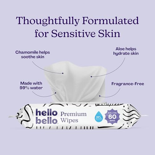 Hello Bello Premium Wipes, Designed for Sensitive Skin with Chamomile & Aloe Extracts, Playful Sketches (12 Resealable Packets = 720 Total Wipes) - Thumbnail 2