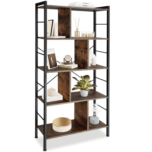 tectake® Scaffale, Libreria Verticale, stile industrial, 4 ripiani con 8 scomparti, Solido e Sicuro, Mobile Salvaspazio o Scaffale Metallo Garage - 75,5x30x155 cm - Legno industriale scuro