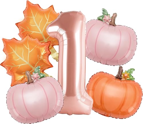 Kriyokiaa 6pcs Little Pumpkin Is Turning One Decorations First Birthday Decorations for Girl with 40 Rose Gold One Balloon Dusty Pink & Orange Pumpkin Foil Helium Balloons for Fall Birthday