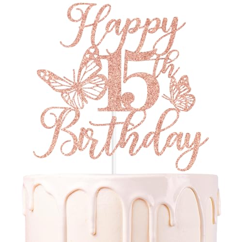 Rose Gold Glitter Happy 15th Birthday Cake Topper