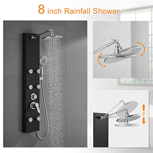 Rovate 304 Stainless Steel Rainfall Shower Panel Tower System Black Surface, Shower Tower System With Adjustable Shower Head, 6 Body Massage Jets And 5 Functions Handheld Shower, Wall Mounted #TOP3