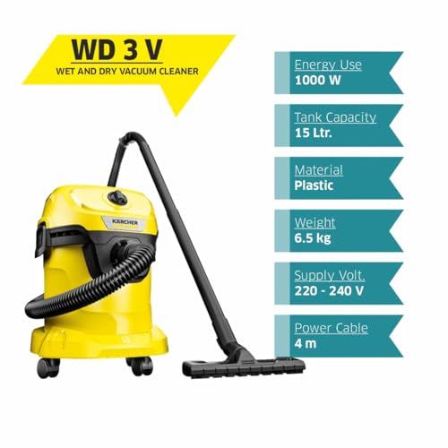 KARCHER Wet & Dry Vacuum Cleaner WD 3 V, 1000 Watts, 15 litres Tank Capacity, for Home Use, Car Cleaning, Furniture Cleaning, Blower Function, Fleece Filter Bag, Plastic Body (Yellow)