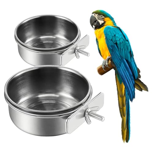2Pcs Stainless Steel Bird Feeding Bowls, Small Bird Feeding Cup, Stainless Steel Parrot Food Bowl Cage with Holder, Parrot Cage Water Feeder, Pet Cage Cup Holder