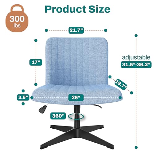 NYPOT Criss Cross Office Chair- Cross Legged Office Chair, Wide Armless Desk Chair No Wheels, Adjustable Modern Swivel Vanity, Fabric Padded Rocking Ergonomic Mid Back Computer - Blue