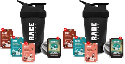 Image of Rage Coffee - Silk Blend Assorted Sachets, Pack of 30 (3 Classic, 4 Creamy Hazelnut, 4 Vanilla Velvet & 4 Belgian Chocolate) |+ Free Multi-purpose Shaker | Perfect for Gym, Protein Shakes & Coffee