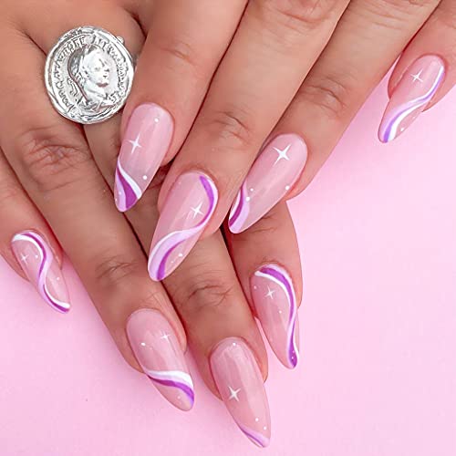 RikView Press on Nails Medium Length Almond Nails Press on Pink Nails Glossy Fake Nails Press on Full Cover Acrylic Nails (Almond3)