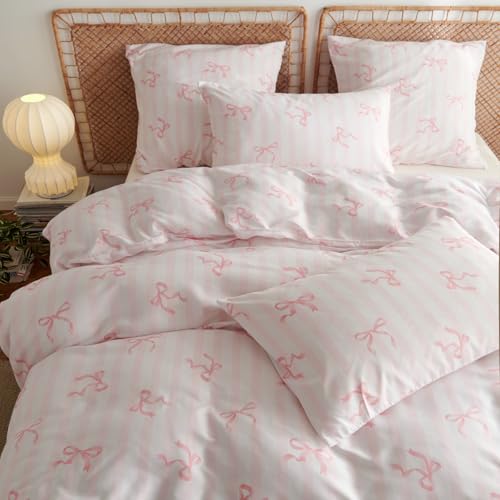 Freyamy Housse de Couette 140x200 Rayures Rose Blanc Noeud Papillon avec 1 Taies d'oreiller 65x65cm...