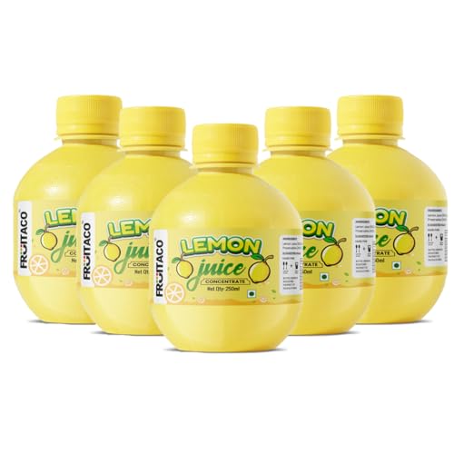 Image of Fruitaco Yellow Lemon Juice Concentrate - Pack of 5 (1250ml) | Equivalent to 125 Lemons | Pocket Bottle | Easy to Use in Cooking, Beverages, Shikanji, Lemonade & More