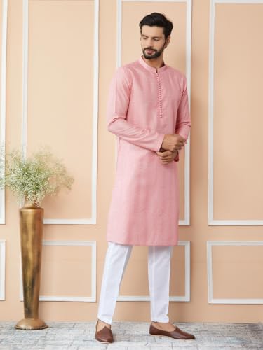 Image of See Designs Men's Long Sleeve Mandarin Collar Side Slit Embroidered Thread Work Sequinned Chanderi Silk Straight Kurta with Pyjama