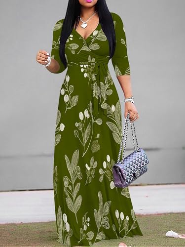 Image of Women's V Neck Floral Maxi Dress 3 /4 Sleeve Plus Size Boho Wrap Flowy Long Dresses with Belt