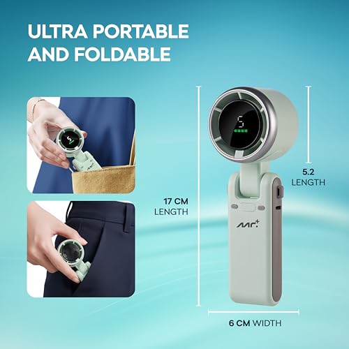 Image of Mr. Plus Rechargeable Handheld Fan, 2400mAh Battery Backup, 5 Speed Portable Mini Turbo Fan with LED Display, Type-C Fast Charging, 180 Adjustable Personal Fan for Travel, Home & Office