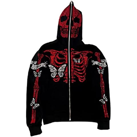 Women's Y2K Oversized Gothic Zip Up Hoodie Long Sleeve Tops Skull Hoodie Vintage Graphic Aesthetic Sweatshirt Pullover (Rhinestone Skull Mask Red , S ) Cover