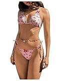 GORGLITTER Women's Cherry Thong Bikini Halter Triangle Tie Side Swimsuit Two Piece Bathing Suits Pink Medium