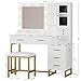 IRONCK Vanity Desk with Mirror and Lights, Makeup Vanity Table with 5 Drawers & Shelves, Power Outlet, Vanity Stool, Dressing Table with Jewelry Storage for Bedroom, White & Gold