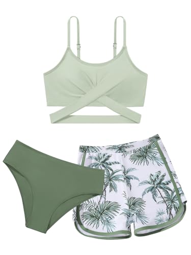 Image of Girl's 3 Piece Bikini Set Cross Strap Swimsuits for Girls Bathing Suit with Shorts Teen Swimwear Swimming Suit