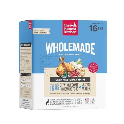 The Honest Kitchen Wholemade Grain Free Turkey Recipe, Human Grade Dehydrated Dog Food, Just Add Water, Supports Healthy Digestion, Skin & Coat, Topper for Dry or Wet Dog Food, 4 lb Box Makes 16 lbs