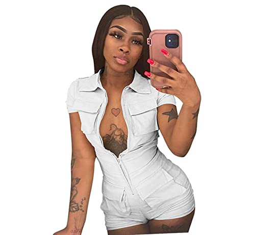 Halfword Womens Sexy Bodycon Romper Zip Up Solid Color Short Pants One Piece Jumpsuits Clubwear With Multiple Pockets #TOP17