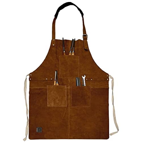 RUSTIC TOWN Genuine Leather Grill Work Apron with Tool Pockets ~ Adjustable up to XXL for Men & Women ~ Shop Apron Leather Tool Apron (Tan)