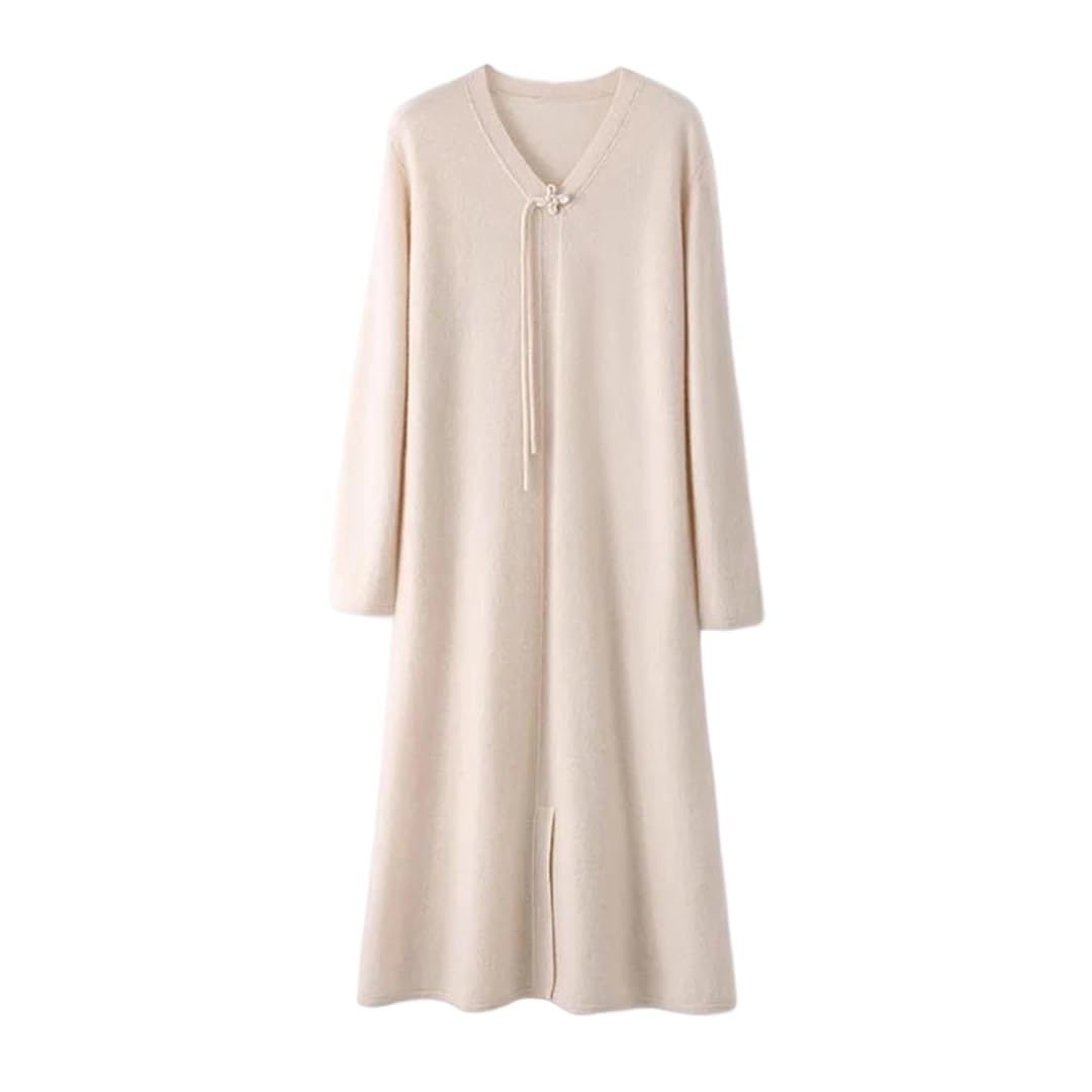 Abito da donna in maglia di lana con scollo a V ampio abbottonato manica midi abito caldo autunno inverno, beige-XL