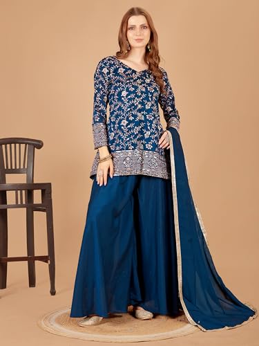 Image of Xomantic Fashion Womens Beautiful Silk Short Kurta Palazzo in Blue with embroidery and sequins work with show buttons