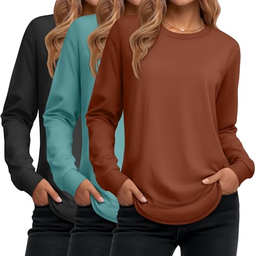 Ficerd 3 Pack Women's Long Sleeve Shirts, Cotton Crew Neck Tunic Tops Casual Loose Fit Pullover Sweatshirts Curved Hem Shirts(Charcoal Gray, Turquoise, Caramel,Large)