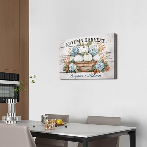 Image of Blue White Pumpkin Flower Wall Art for Living Room Fall Decorations Farmhouse Rustic Floral Picture Canvas Prints Paintings Hydrangea Poster Autumn Harvest Artwork Bedroom Thanksgiving Decor 16x24 inch