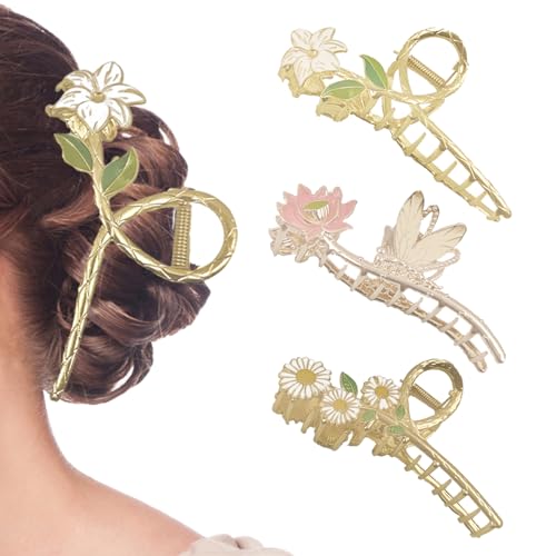 KATIMI 3 Piezas Pinzas Pelo Mujer Antideslizante, Pinza Pelo Flor Mujer Pintada al Óleo, Pinza Pelo Niñas de Metálicas, Pinzas Pelo Flor Agarre Fuerte, para Diario Fiesta