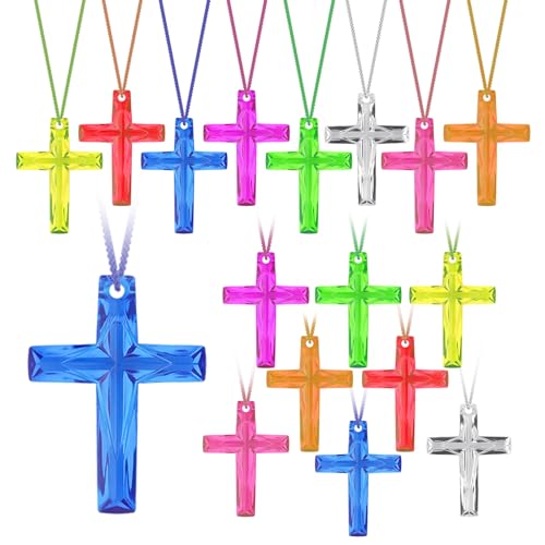 Pendentif croix en cristal brillant Lot de 32 colliers colorés pour célébration et bible