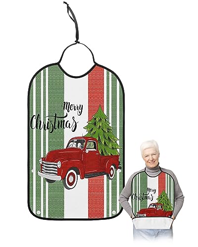 Christmas Adult Bibs for Eating, Waterproof Bibs with Food Catcher & Adjustable Snap Closure, Green Red Striped Winter Xmas Tree Truck Washable Clothing Protectors Adult Bibs for Elderly Women/Men