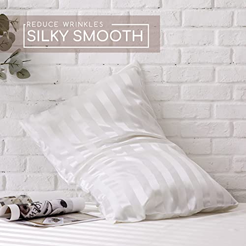 Image of MR&HM Satin Bed Sheets, Twin XL Size Sheets Set, 3 Pcs Silky Bedding Set with 15 Inches Deep Pocket for Mattress (Twin XL, Ivory Striped)