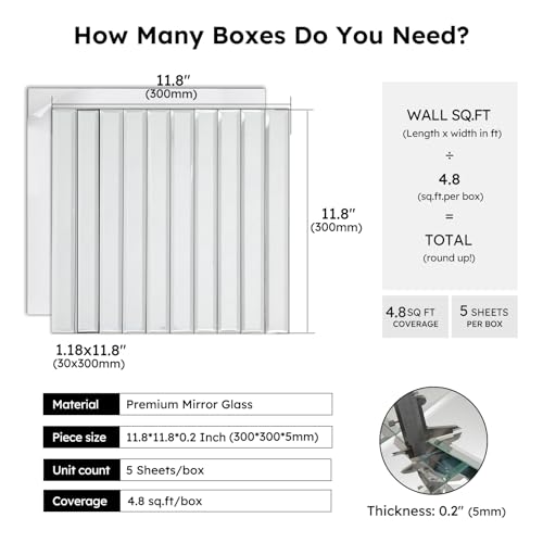 Diflart Mirror Peel and Stick Tile, 1.8 x 11.8 Inch, Beveled Mirror Backsplash Tiles for Kitchen Bathroom Bar Accent Wall, Pack of 5 Sheets (Silver, 1.18x11.8 Inch)