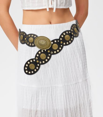 Oval Disc Belts for Women Wide Leather Concho Belt Boho Western Waist Belts for Dresses2