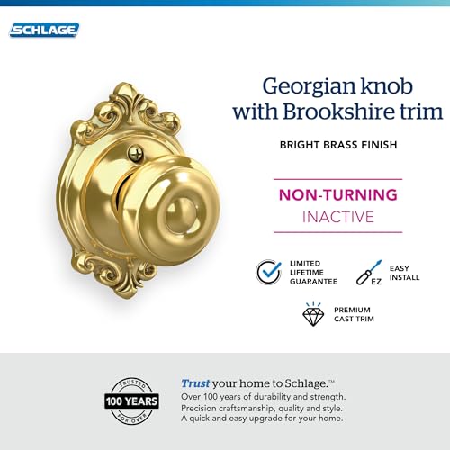 SCHLAGE Georgian Non-Turning Dummy Door Knob, Brookshire Trim, Bright Brass - image 3