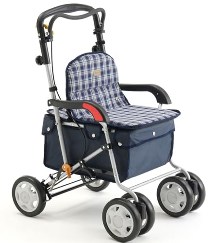 エムズハウス:シルバーカー 新型プリエ_グランデ 手押し車 折りたたみ SGマーク おしゃれ 軽量 座れるショッピングカート プリエグランデ (青色チェック FS00404)