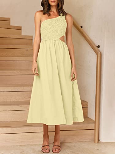 Anrabess Women's Summer Boho One Shoulder Cutout Dress Sleeveless Smocked Sundress Flowy A-Line Beach Long Dresses 539Xingse-L Beige #TOP4