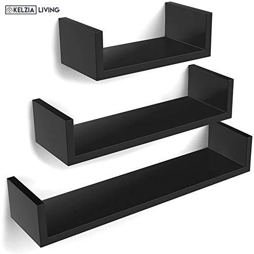 KELZIA Estantería para Pared en Forma de U-Set de 3 Estantes Flotantes-Juego de Baldas para Libros y Objetos de decoración- 3 Repisas auxiliares (Negra)