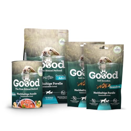 Goood Adult Nachhaltige Forelle Probierpaket – 300g Trockenfutter, 400g Nassfutter, 2X 100g Snacks - Hundefutter mit hochwertigen Proteinen, getreidefrei – für alle Rassen und Größen