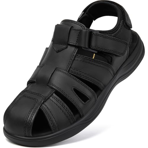 Image of Men's Sport Sandals Closed Toe Leather Hiking Athletic Walking Outdoor Beach Trail River Fishing Water Shoes Lightweight Comfortable Waterproof