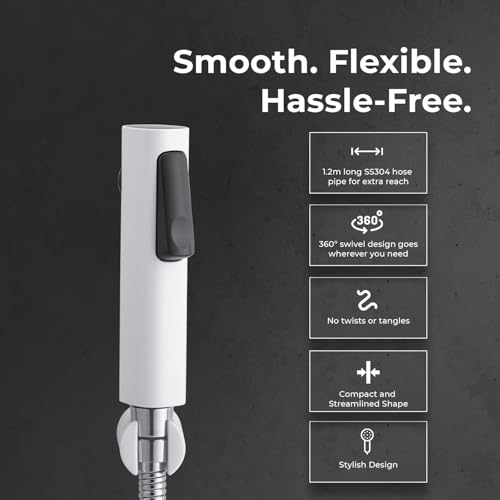 Image of Mila Health Faucet Jetspee | ABS White Handheld Bidet Spray| with 1.2m SS304 Hose Pipe | Modern Jet Spray for Toilet Hygiene | Anti-Slip Grip, Leak-Free, Easy Install | Bathroom Fitting