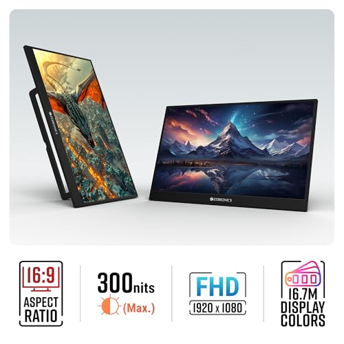 Image of ZEBRONICS Pixigo A16, 15.6 inch Portable Monitor, FHD 1080p, 180 Adjustable Stand, Lightweight, 16:9 Aspect Ratio, 300Nits, 16.7M Colors, Dual Input - Type C + Mini HDMI, Built-in Speakers