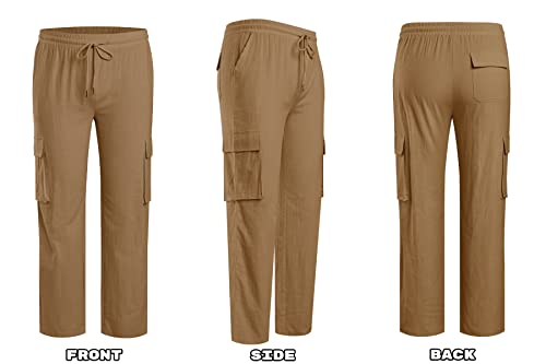 Paslter Mens Linen Cargo Pants Lightweight Elastic Waist Drawstring Casual Loose Summer Beach Yoga Pants With Pockets A-Brown #TOP3